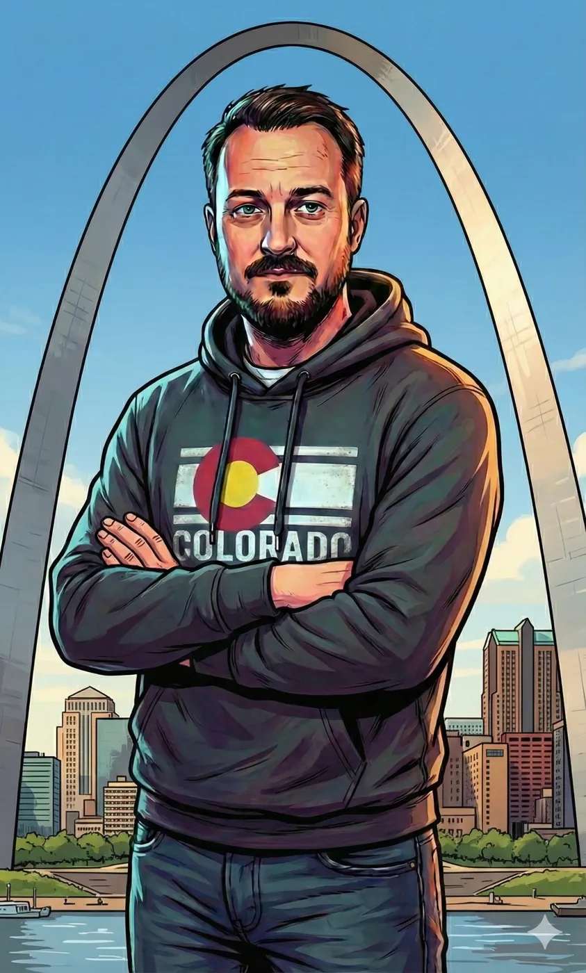 Illustration of Alex in front of the Gateway Arch