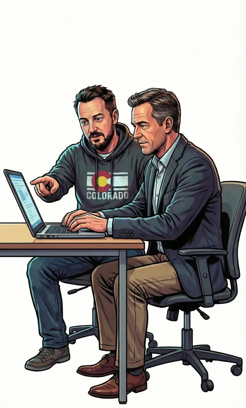 Illustration of Alex working through a laptop with a client
