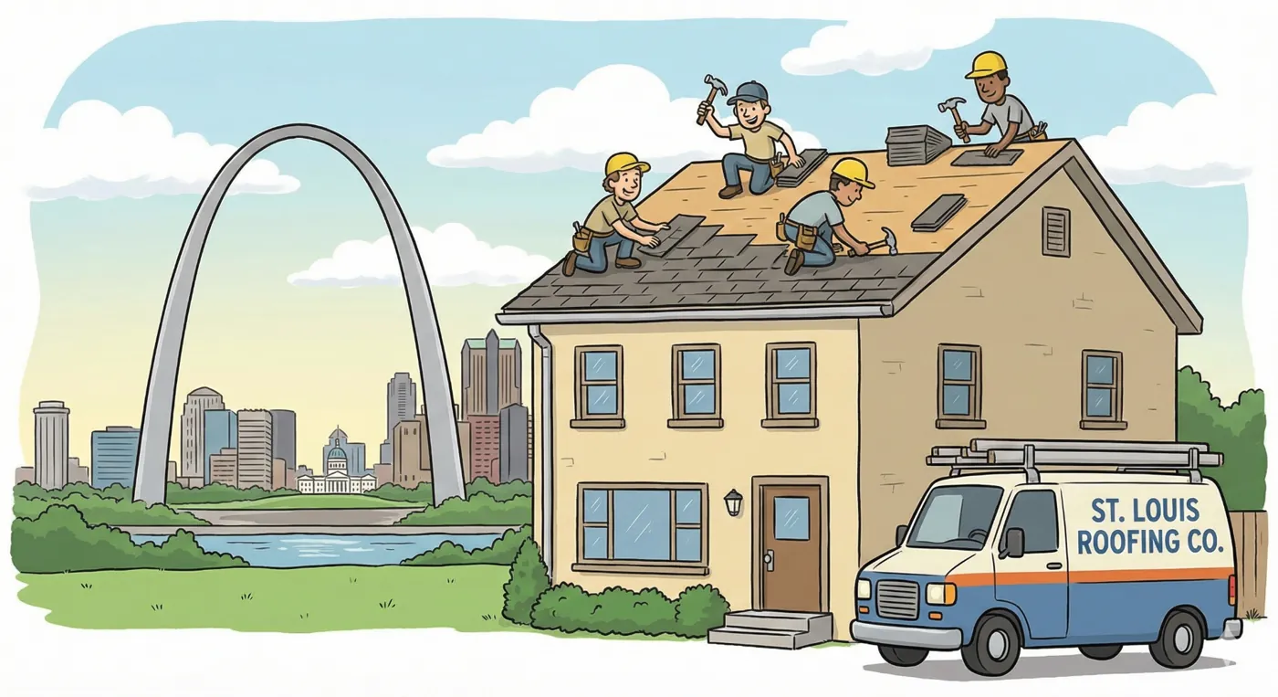 Illustration of a St. Louis roofing crew working on a house near the Gateway Arch